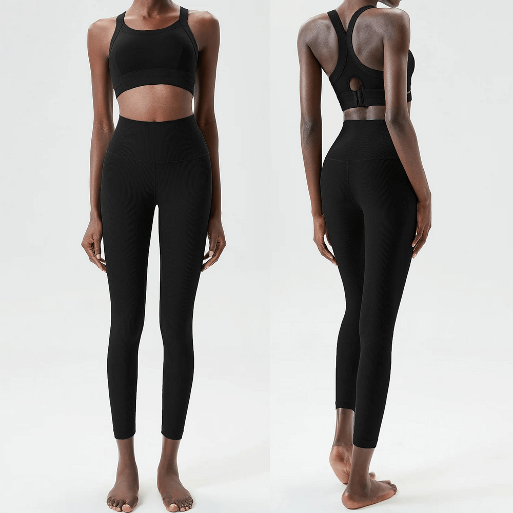 Women's sleek stretch fitness yoga set SF2088, in black, showcasing front and back view - quick dry, durable gym suit for flexibility.